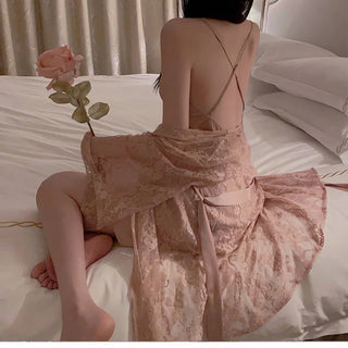 Elegant Ice Silk Lace Halter Nightdress & Robe Set