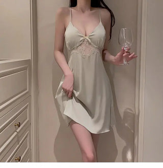 Elegant Ice Silk Lace Halter Nightdress & Robe Set