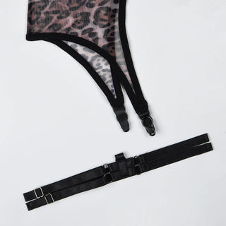 Fearless Goddess Leopard Mesh Sexy See-Through Body Shaping  Lingerie Set