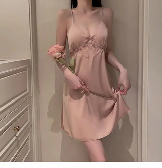 Elegant Ice Silk Lace Halter Nightdress & Robe Set