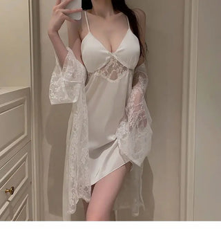 Elegant Ice Silk Lace Halter Nightdress & Robe Set