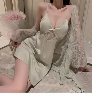 Elegant Ice Silk Lace Halter Nightdress & Robe Set